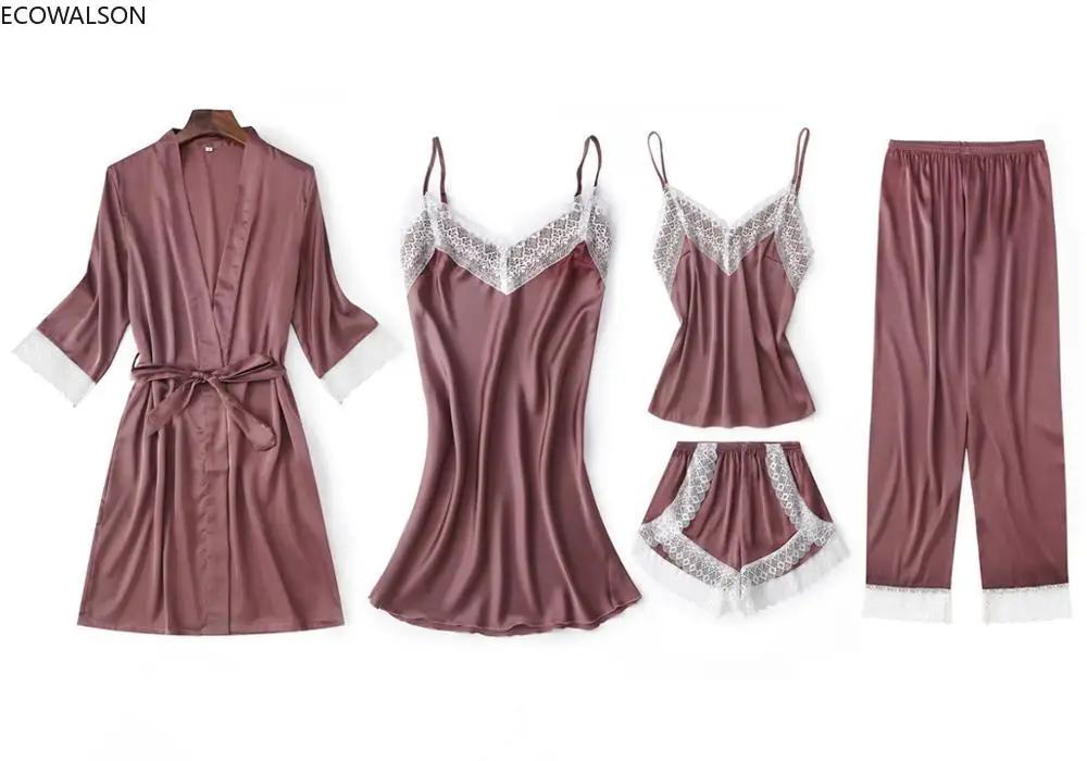 5pcs Suit Ladies Sexy Silk Satin Pajama Set Female Lace Pajama Set Sleepwear Autumn Winter Home Wear Nightwear for Women