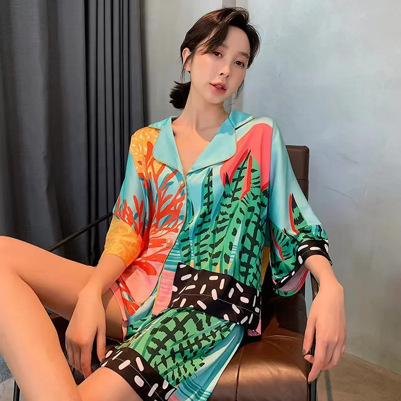 OUDINA Casual Plant Print Pearl Button Short Sleeve Home Clothes Shorts Outfits Two Piece Sets Women Clothing Shorts - Image 4