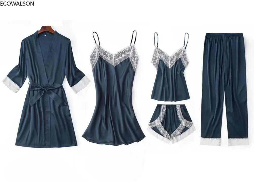 5pcs Suit Ladies Sexy Silk Satin Pajama Set Female Lace Pajama Set Sleepwear Autumn Winter Home Wear Nightwear for Women - Image 2