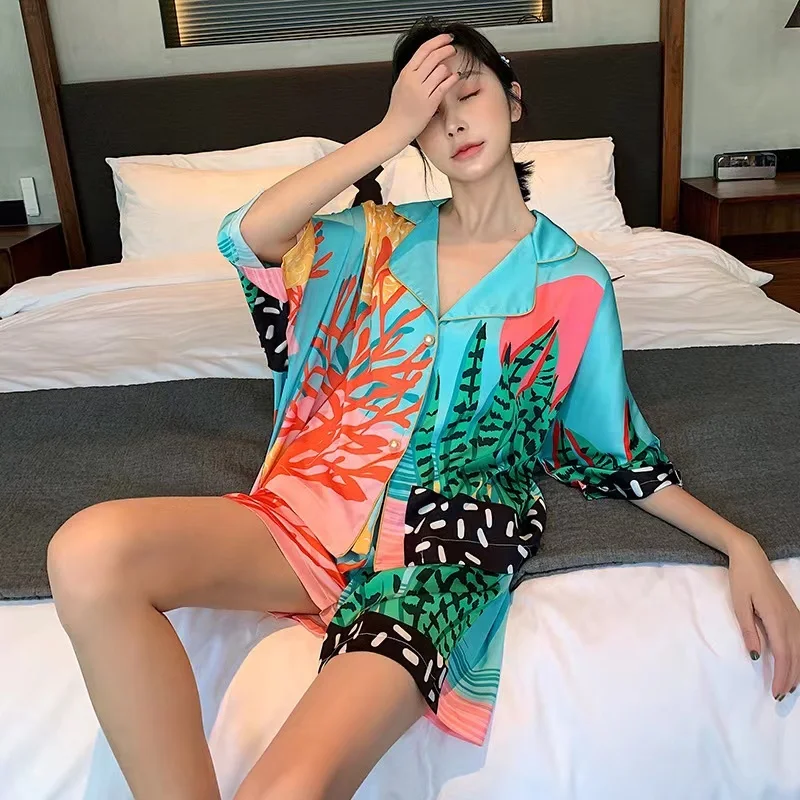 OUDINA Casual Plant Print Pearl Button Short Sleeve Home Clothes Shorts Outfits Two Piece Sets Women Clothing Shorts - Image 3